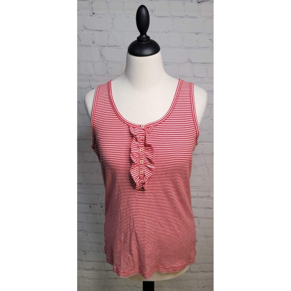 Lands' End Sz M Red White Striped Sleeveless Tank Top Ruffle Button Design Cute